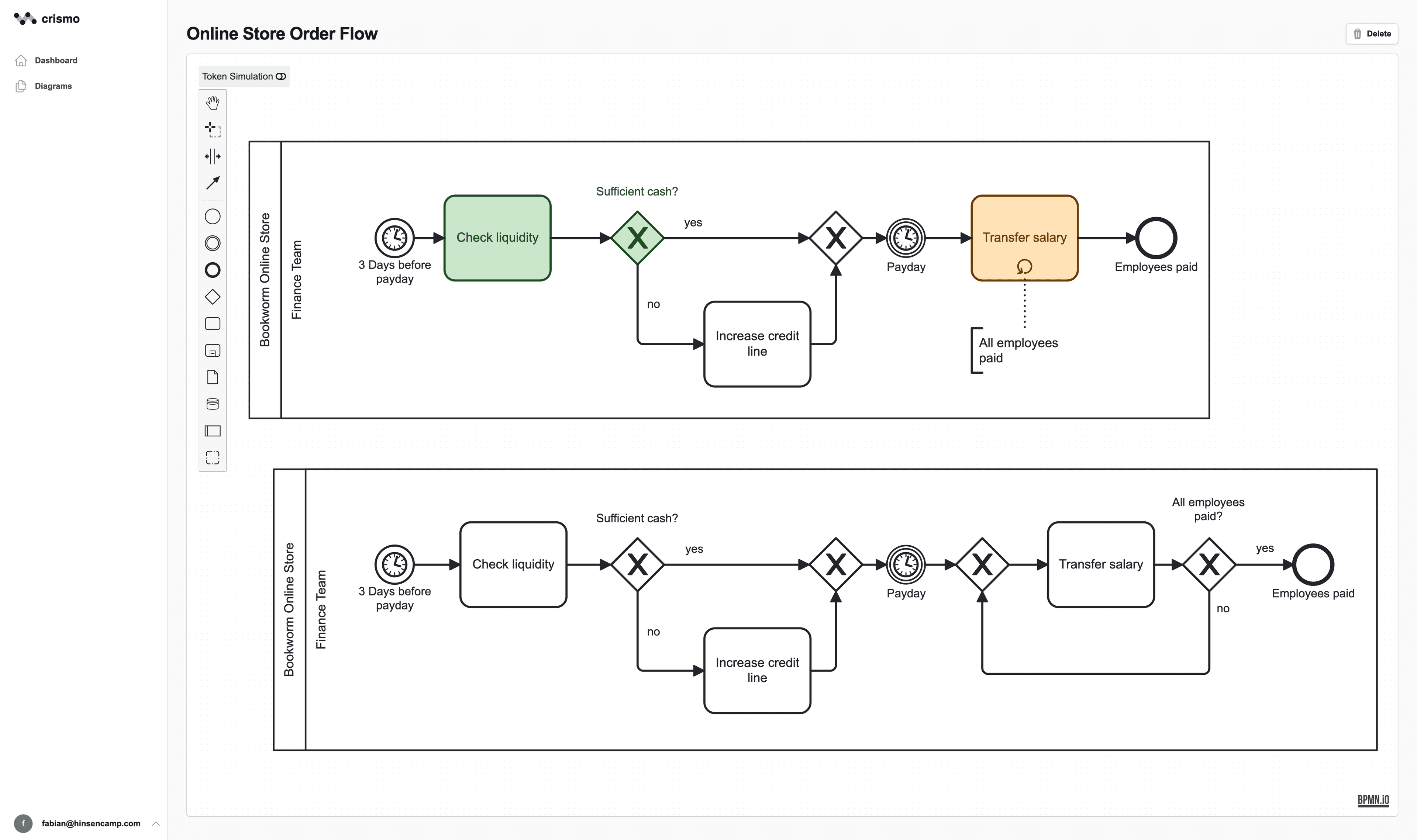 Crismo process modeling interface showing AI-powered BPMN diagram generation